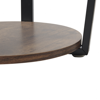 UrbanNest Two Tier Side Table Dark Brown Top With Black Metal Legs 50 cm Industrial Round Living Room