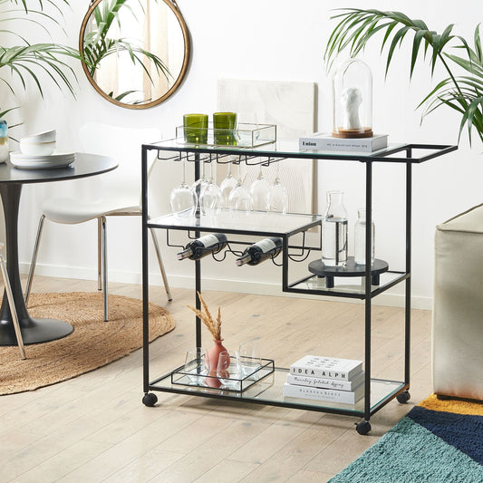 Kitchen Trolley Black Iron Glass 86 x 40cm Brakes Bottle Rack