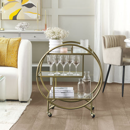 Kitchen Trolley Gold Metal Glass 50 x 34cm Open Storage Wheels