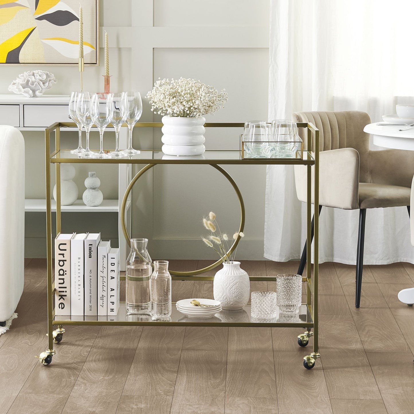 Kitchen Trolley Gold Metal Glass 75 x 45cm Open Storage Wheels