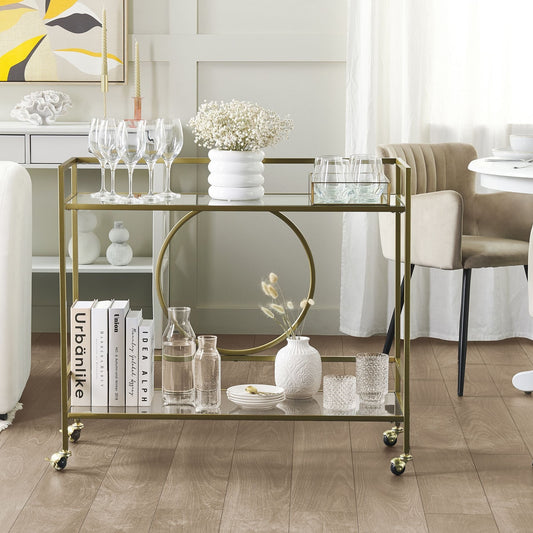 Kitchen Trolley Gold Metal Glass 75 x 45cm Open Storage Wheels
