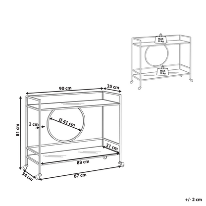 Kitchen Trolley Gold Metal Glass 75 x 45cm Open Storage Wheels