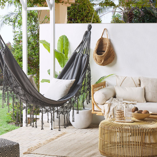 Garden Hammock Grey Cotton Polyester Boho Swing Seat Outdoor