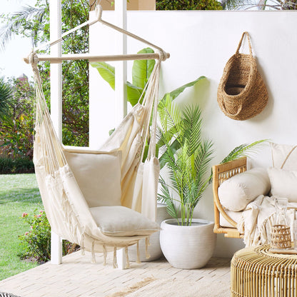 Hanging Hammock Chair Beige Cotton Polyester Indoor Outdoor