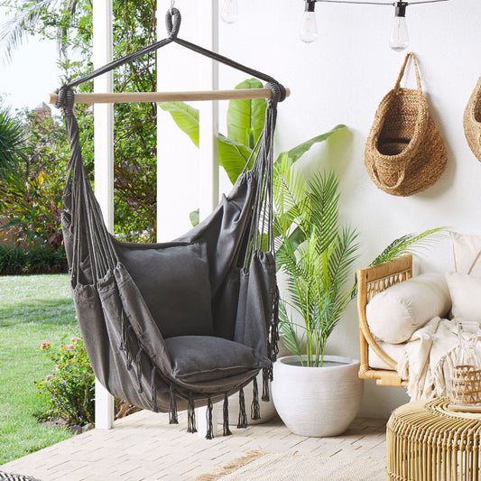 Hanging Hammock Chair Grey Cotton Polyester Boho Style