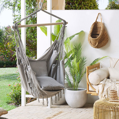 Hanging Hammock Chair Light Grey Cotton Polyester Swing For Indoor Outdoor Boho Style