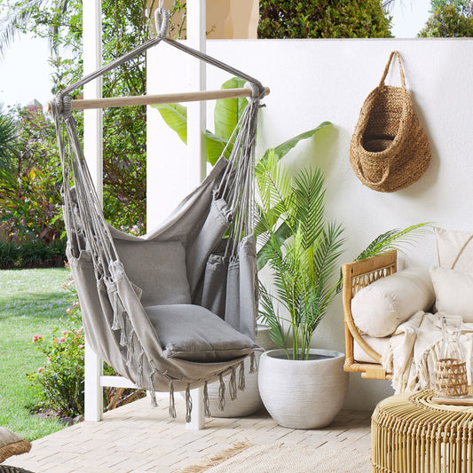 Hanging Hammock Chair Light Grey Cotton Polyester Swing For Indoor Outdoor Boho Style