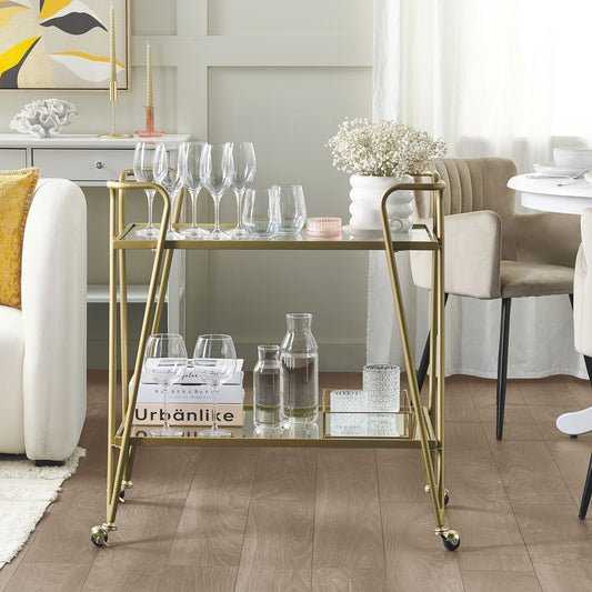 Kitchen Trolley Gold Metal Glass With Braked Wheels Open Storage Two Tops 75 x 45cm