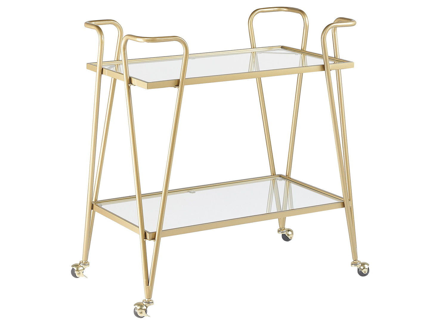 Kitchen Trolley Gold Metal Glass With Braked Wheels Open Storage Two Tops 75 x 45cm