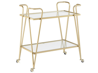 Kitchen Trolley Gold Metal Glass With Braked Wheels Open Storage Two Tops 75 x 45cm