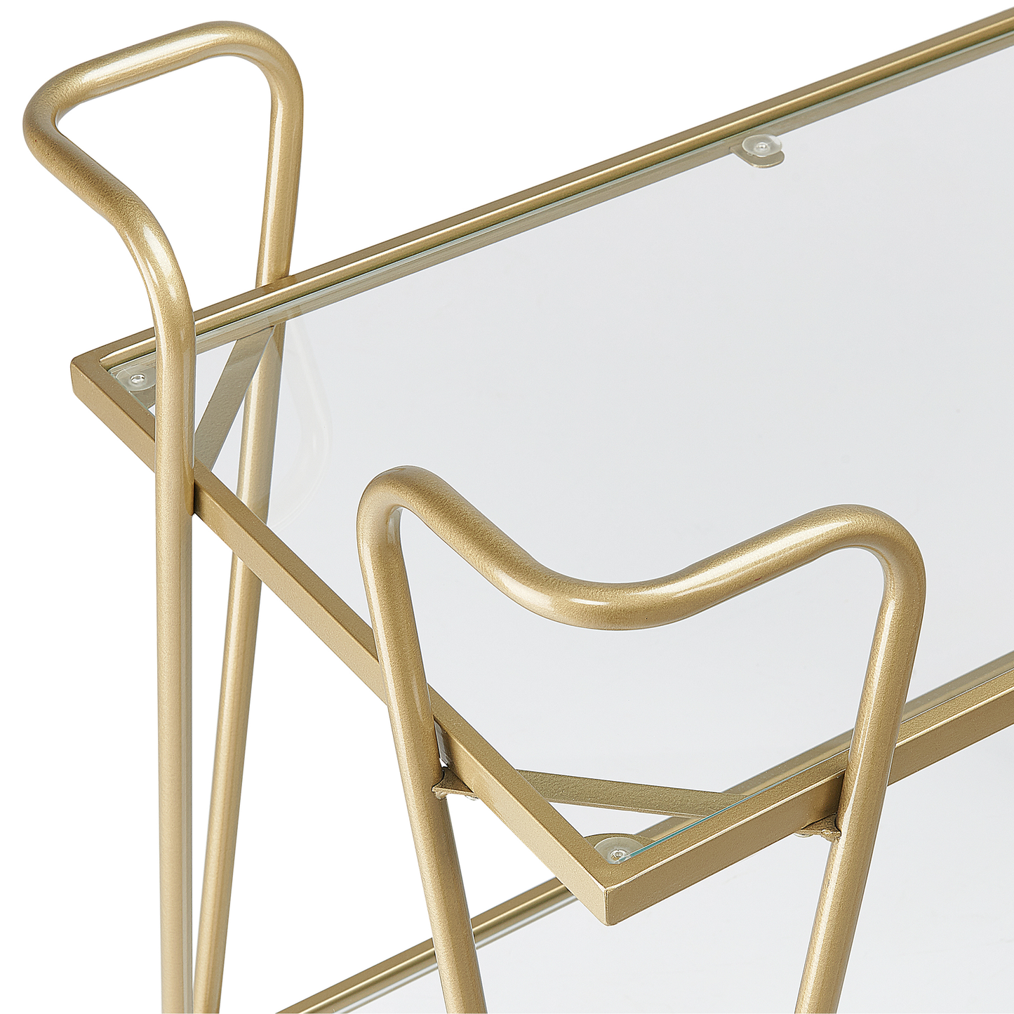 Kitchen Trolley Gold Metal Glass With Braked Wheels Open Storage Two Tops 75 x 45cm