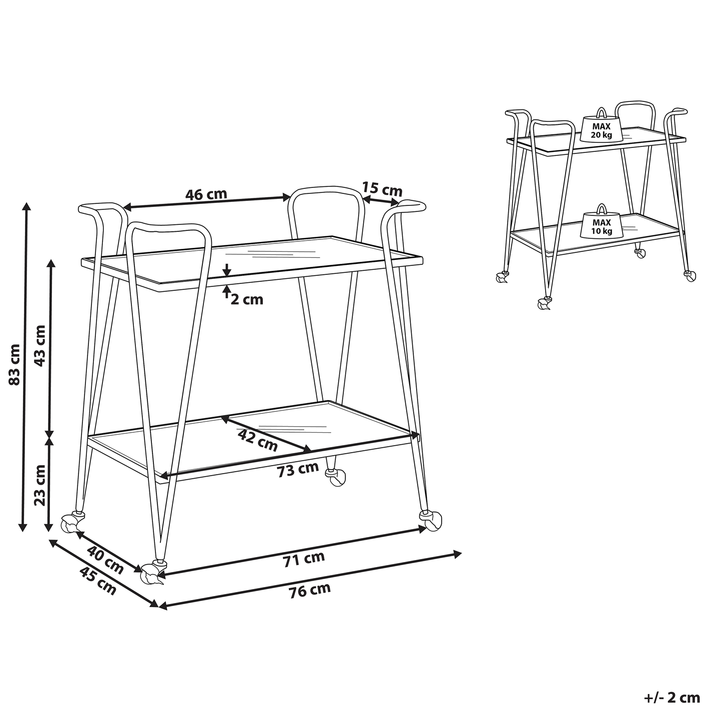 Kitchen Trolley Gold Metal Glass With Braked Wheels Open Storage Two Tops 75 x 45cm
