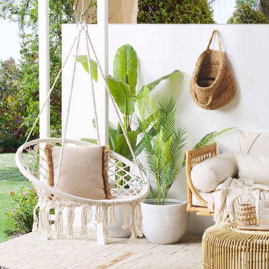 Hanging Chair White Macrame Plaited Seat Indoor Swing