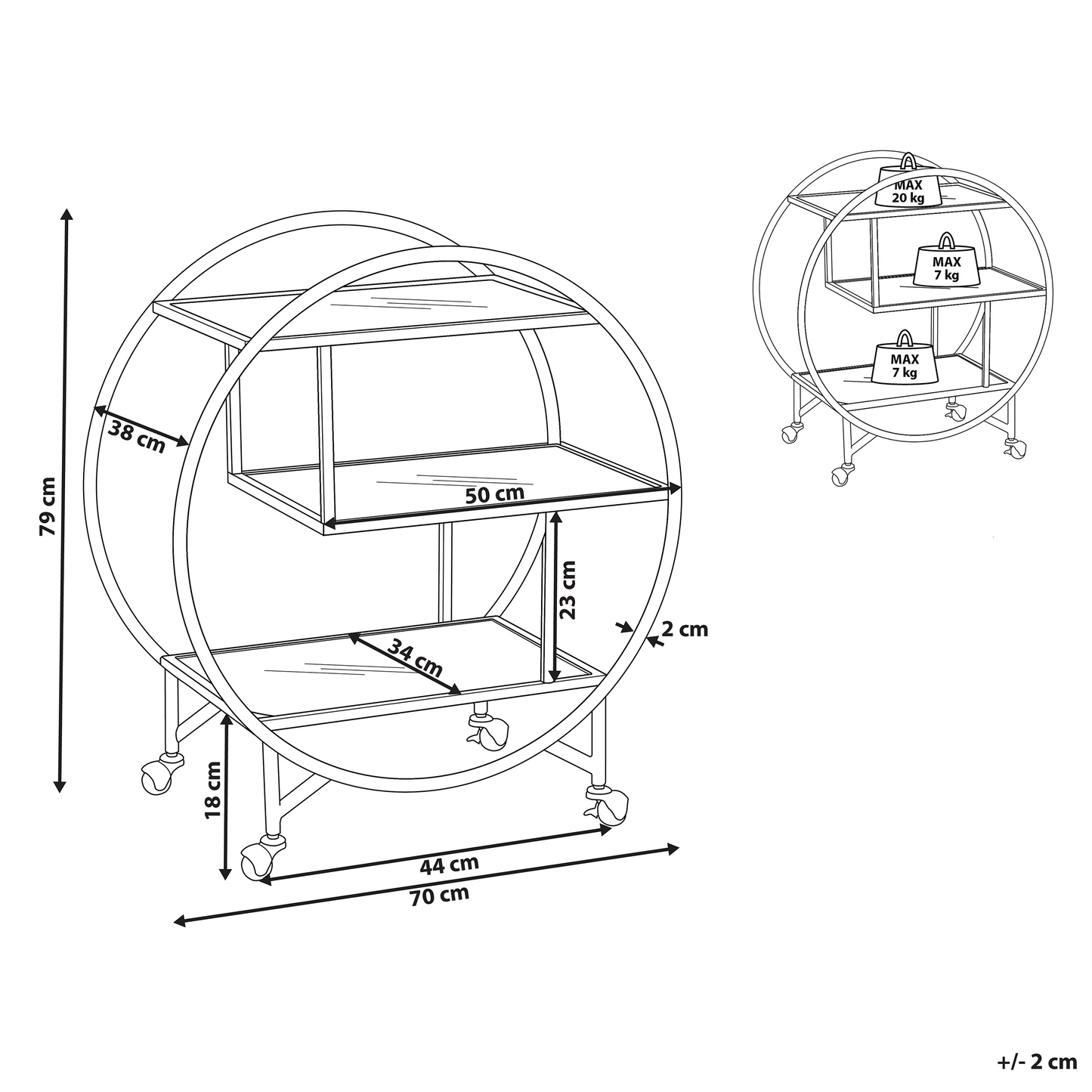 Kitchen Trolley Gold Metal Glass 50 x 34cm Open Storage Wheels