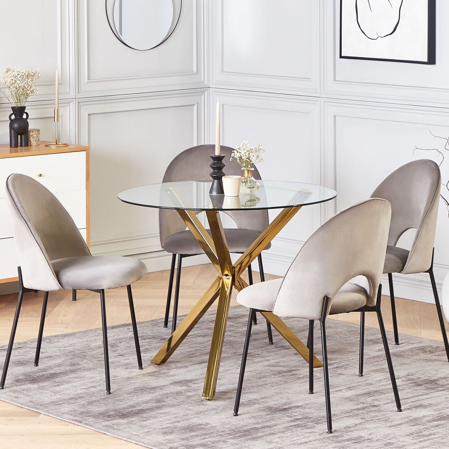 Gold Leg Round Glass Top Dining Table 90cm 4 Seater Modern