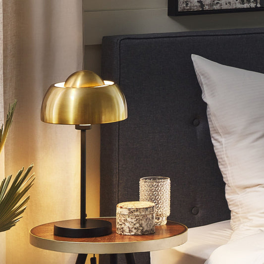 Glam Table Lamp Gold With Black Metal Round Base Dome Shade Reading Light For Bedroom Living Room