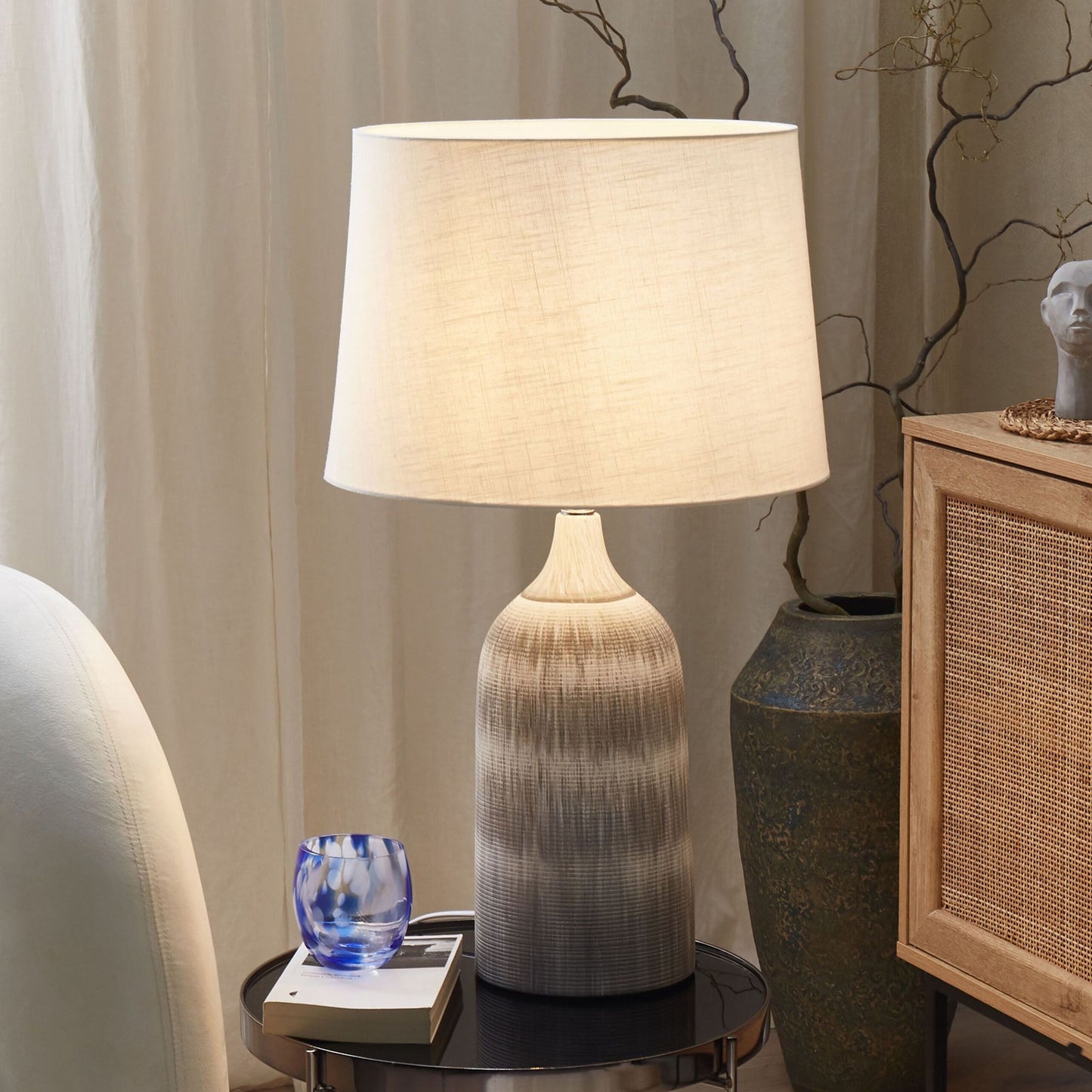 Scandi Grey Textured Ceramic Base Table Lamp 66cm White Shade
