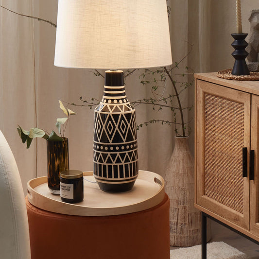 Ethnic Home Table Lamp Black Ceramic Base 68cm White Fabric Shade Classic Bedside Light