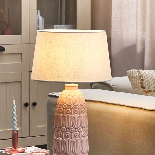 Pink Ceramic Table Lamp With Floral Carved Base