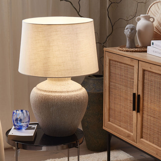 Table Lamp Cream Ceramic Base Beige Fabric Shade Traditional