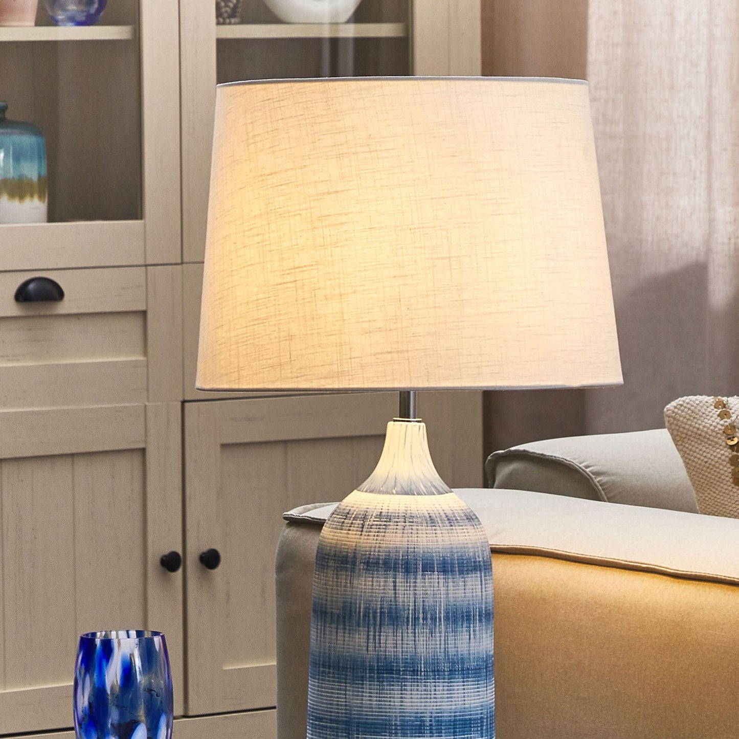 Blue Ceramic Base Table Lamp With White Fabric Shade 66cm Classic Bedside Light