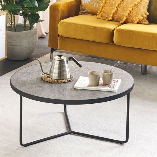 Concrete Coffee Table With Black Metal Legs Round 80cm For Modern Living Room