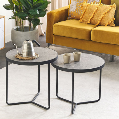 Concrete Round Coffee Tables Set Of 2 With Black Metal Legs