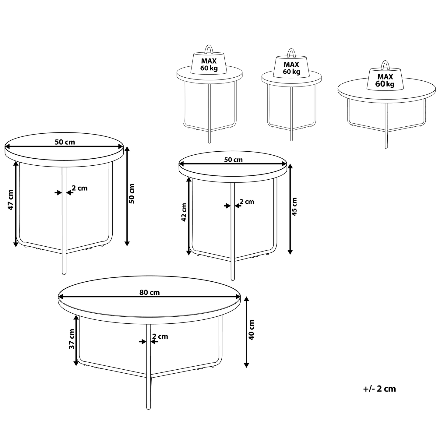 Concrete Effect Coffee Tables Set of 3 with Black Metal Legs Round Various Sizes