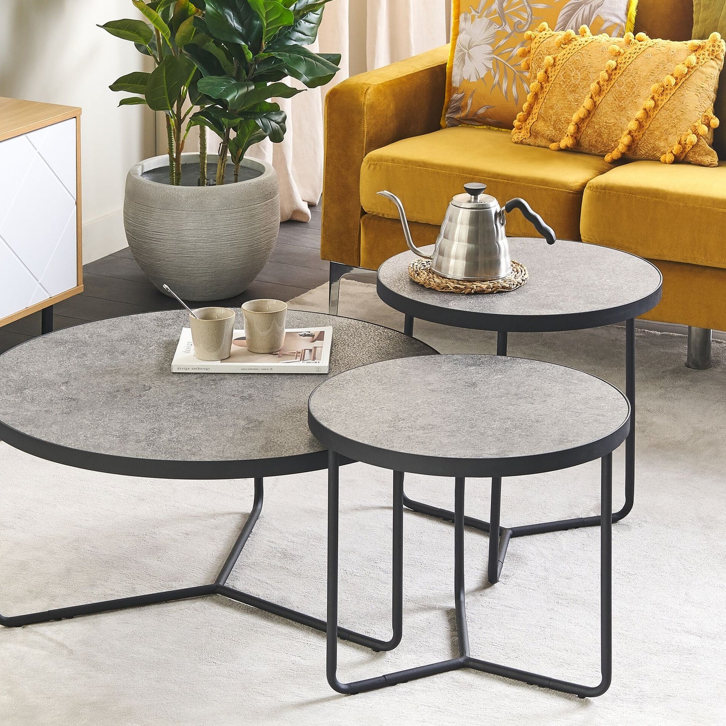Concrete Effect Coffee Tables Set of 3 with Black Metal Legs Round Various Sizes