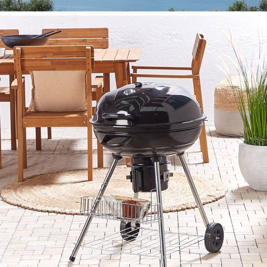 Charcoal BBQ Grill Black Steel With Lid And Wheels