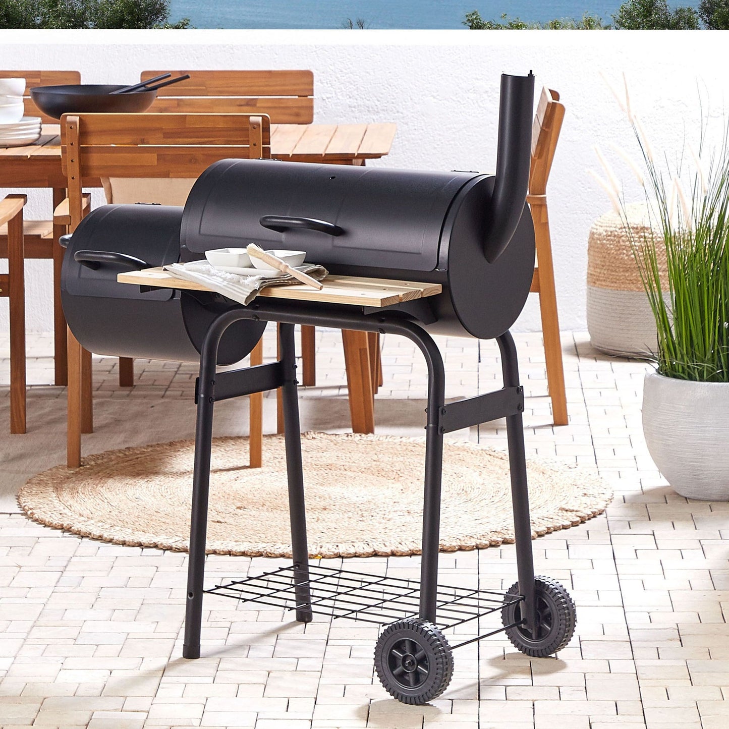 Charcoal BBQ Grill With Lid Offset Smoker Black Steel