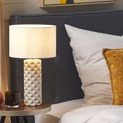 Geometric Beige Ceramic Table Lamp With White Drum Shade 49cm Tall Bedroom Living Room