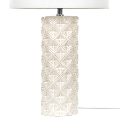 Geometric Beige Ceramic Table Lamp With White Drum Shade 49cm Tall Bedroom Living Room