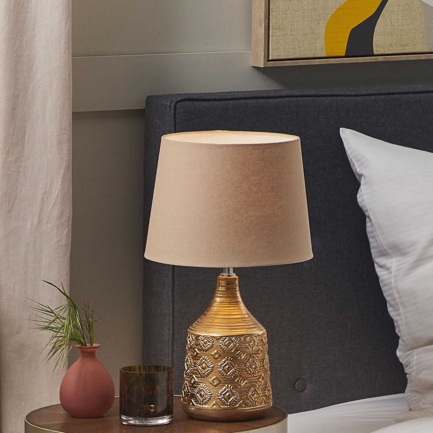 Table Lamp Golden Brown Ceramic 47cm Geometric Beige Empire Shade