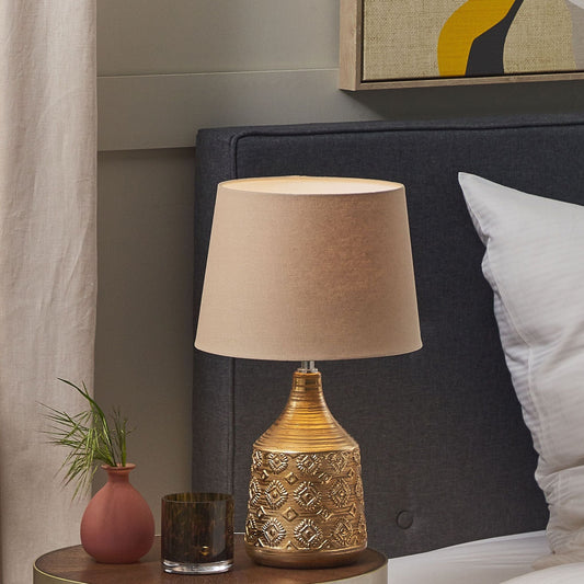 Table Lamp Golden Brown Ceramic 47cm Geometric Beige Empire Shade