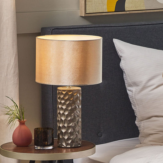 Table Lamp Gold Ceramic 50cm Geometric Velvet Drum Shade