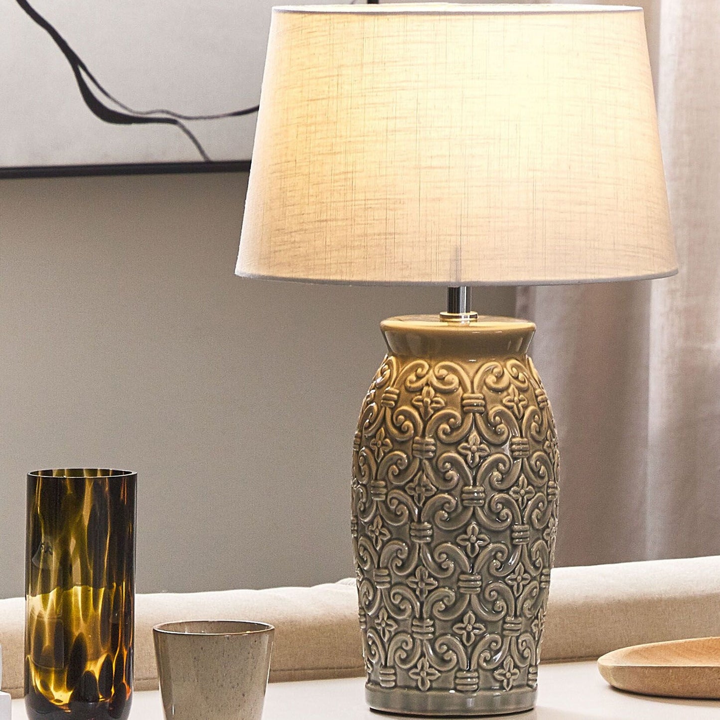 Grey Ceramic Lamp 48cm Ornamental Pattern Empire Shade