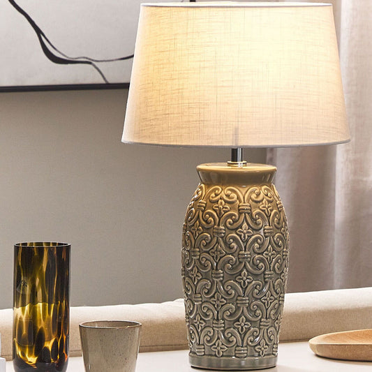 Grey Ceramic Lamp 48cm Ornamental Pattern Empire Shade