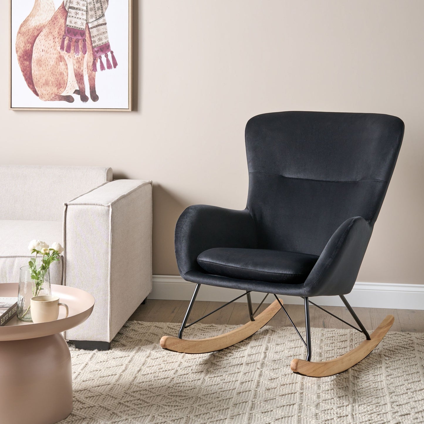 Black Velvet Rocking Chair With Metal Legs