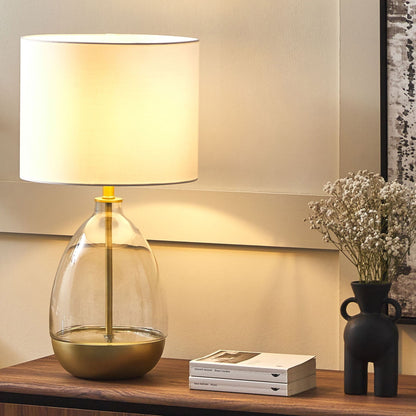 Table Lamp White Clear Glass Base With Gold Accents White Empire Shade Bedside Light