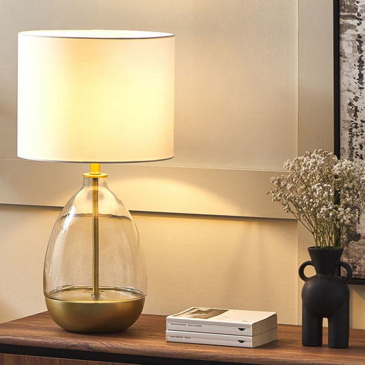 Table Lamp White Clear Glass Base With Gold Accents White Empire Shade Bedside Light