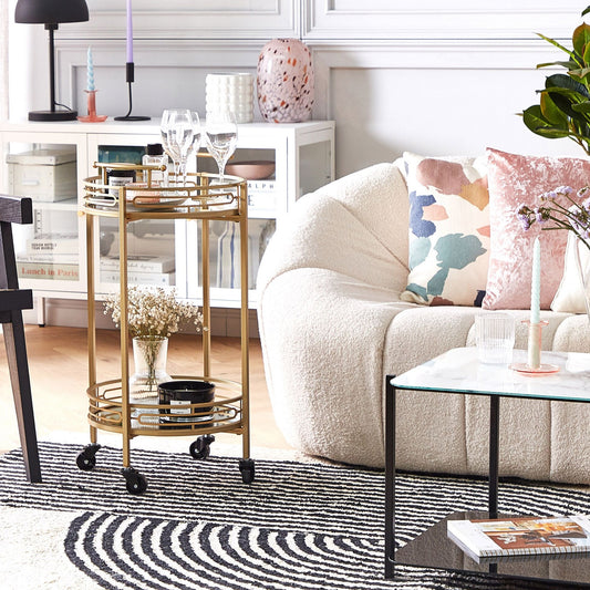 Home Kitchen Trolley Gold Iron Bar Cart With Mirrored Top