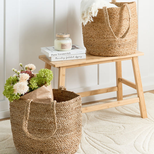 Jute Storage Baskets Set Of 2 Natural With Long Handles