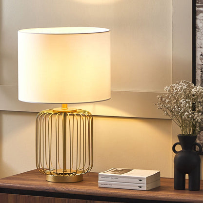 Gold Cage Table Lamp With White Cotton Shade For Bedroom And Living Room
