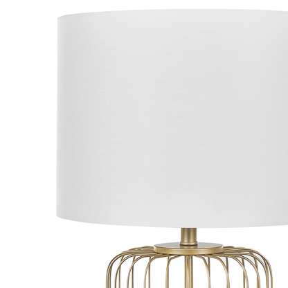 Gold Cage Table Lamp With White Cotton Shade For Bedroom And Living Room