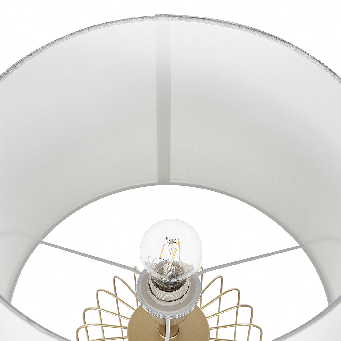 Gold Cage Table Lamp With White Cotton Shade For Bedroom And Living Room