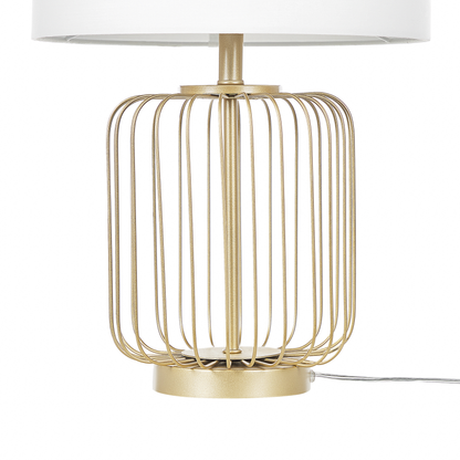 Gold Cage Table Lamp With White Cotton Shade For Bedroom And Living Room