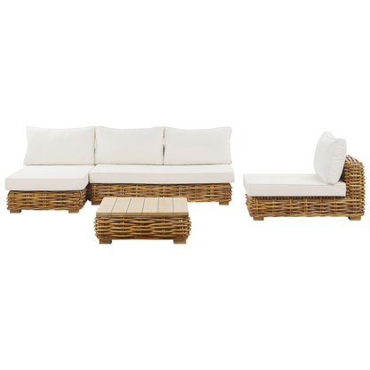 Conversation Set Brown Rattan White Cushions Sofa Table