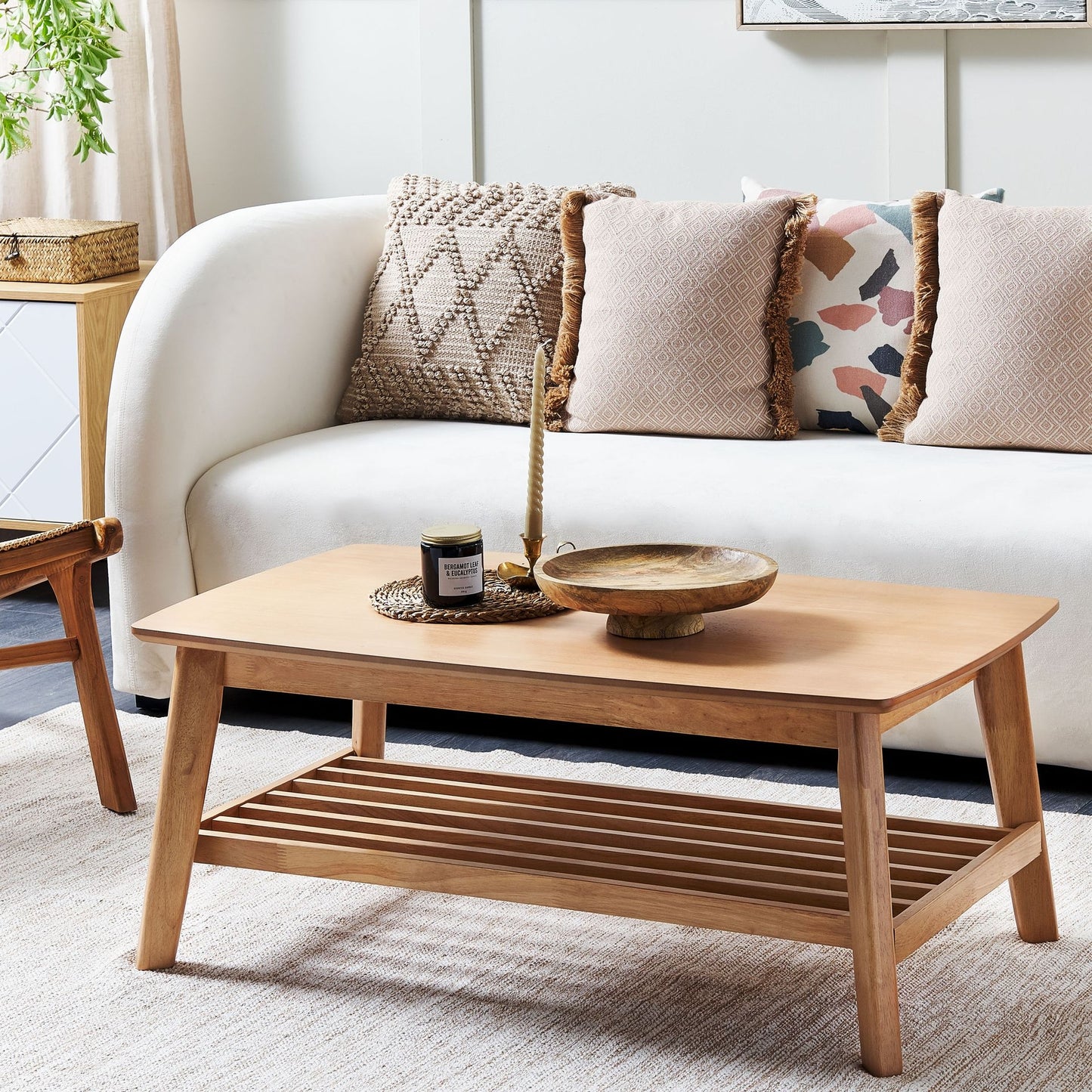 Classic Design Coffee Table Light Brown MDF Rubberwood Shelf 100x55