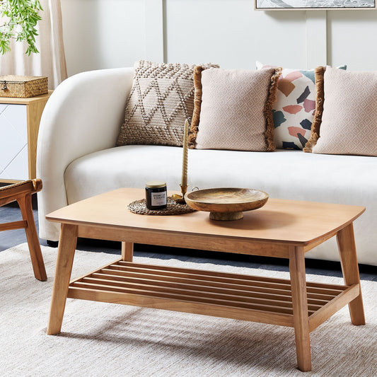 Classic Design Coffee Table Light Brown MDF Rubberwood Shelf 100x55